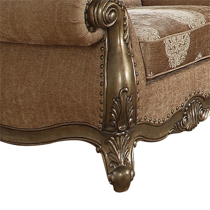 Benjara Scrolled Crown Top Fabric Chair with Cabriole Legs- Beige and Brass