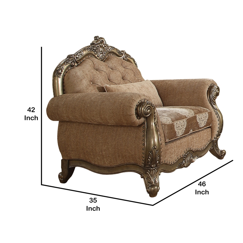 Benjara Scrolled Crown Top Fabric Chair with Cabriole Legs- Beige and Brass