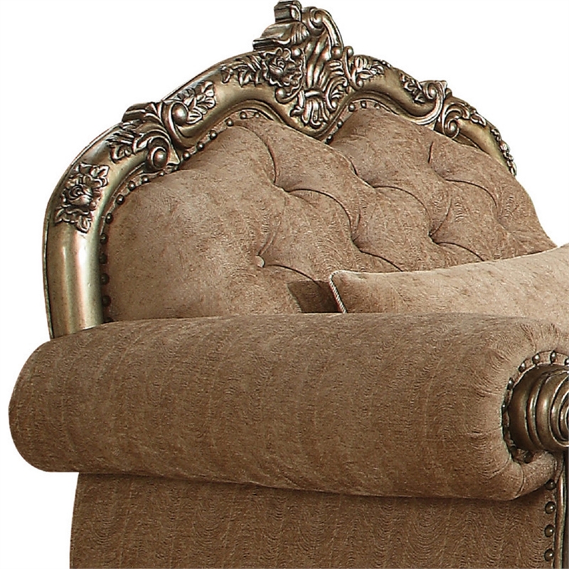 Benjara Scrolled Crown Top Fabric Chair with Cabriole Legs- Beige and Brass