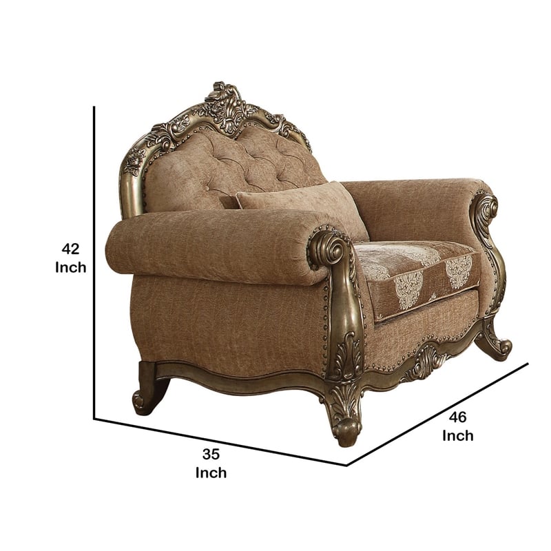 Benjara Scrolled Crown Top Fabric Chair with Cabriole Legs- Beige and Brass