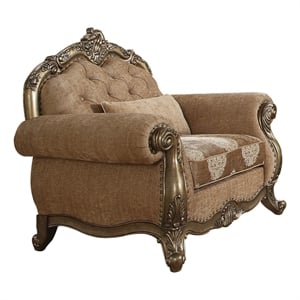 Benjara Scrolled Crown Top Fabric Chair with Cabriole Legs- Beige and Brass