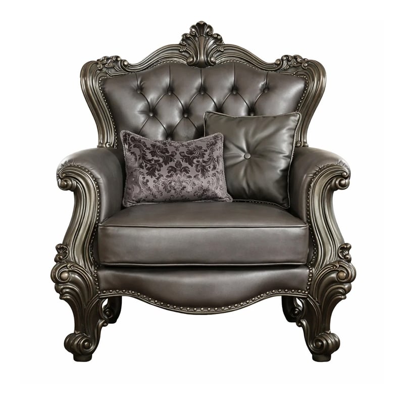 Benjara Scalloped Trim Button Tufted Leatherette Chair with Scrolled Legs- Gray