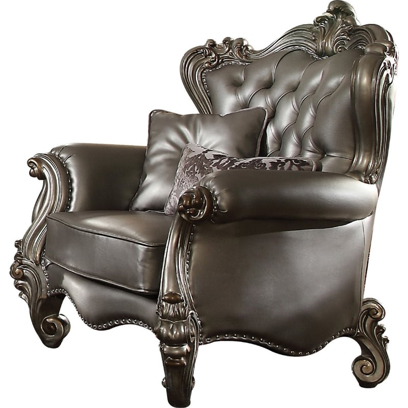 Benjara Scalloped Trim Button Tufted Leatherette Chair with Scrolled Legs- Gray