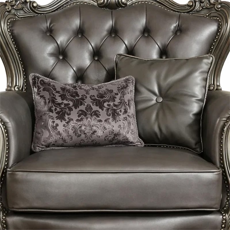 Benjara Scalloped Trim Button Tufted Leatherette Chair with Scrolled Legs- Gray