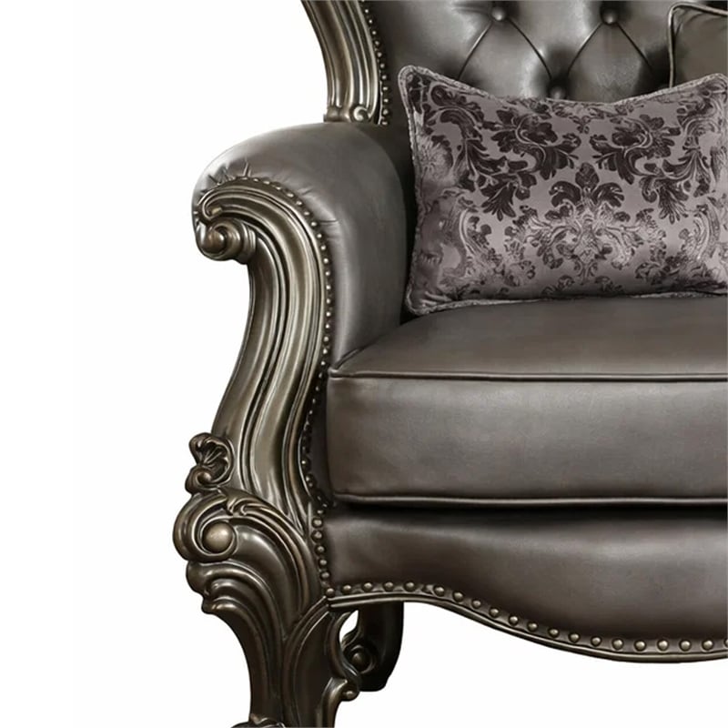 Benjara Scalloped Trim Button Tufted Leatherette Chair with Scrolled Legs- Gray