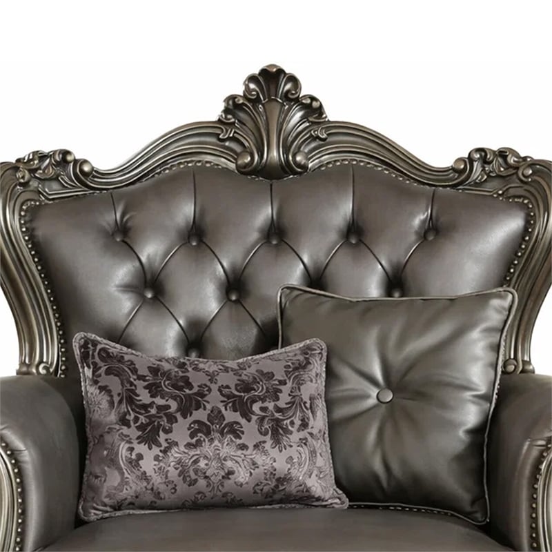 Benjara Scalloped Trim Button Tufted Leatherette Chair with Scrolled Legs- Gray