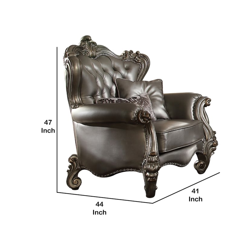 Benjara Scalloped Trim Button Tufted Leatherette Chair with Scrolled Legs- Gray