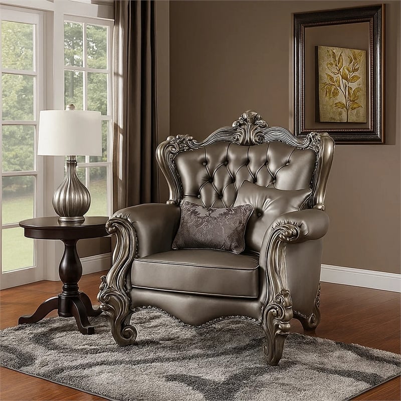 Benjara Scalloped Trim Button Tufted Leatherette Chair with Scrolled Legs- Gray