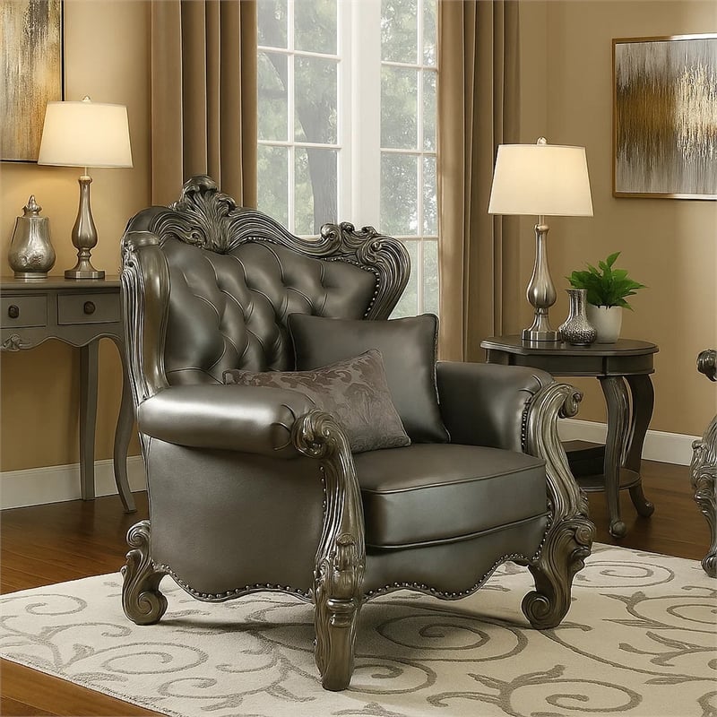 Benjara Scalloped Trim Button Tufted Leatherette Chair with Scrolled Legs- Gray