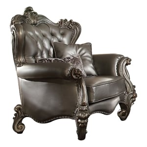 Benjara Scalloped Trim Button Tufted Leatherette Chair with Scrolled Legs- Gray