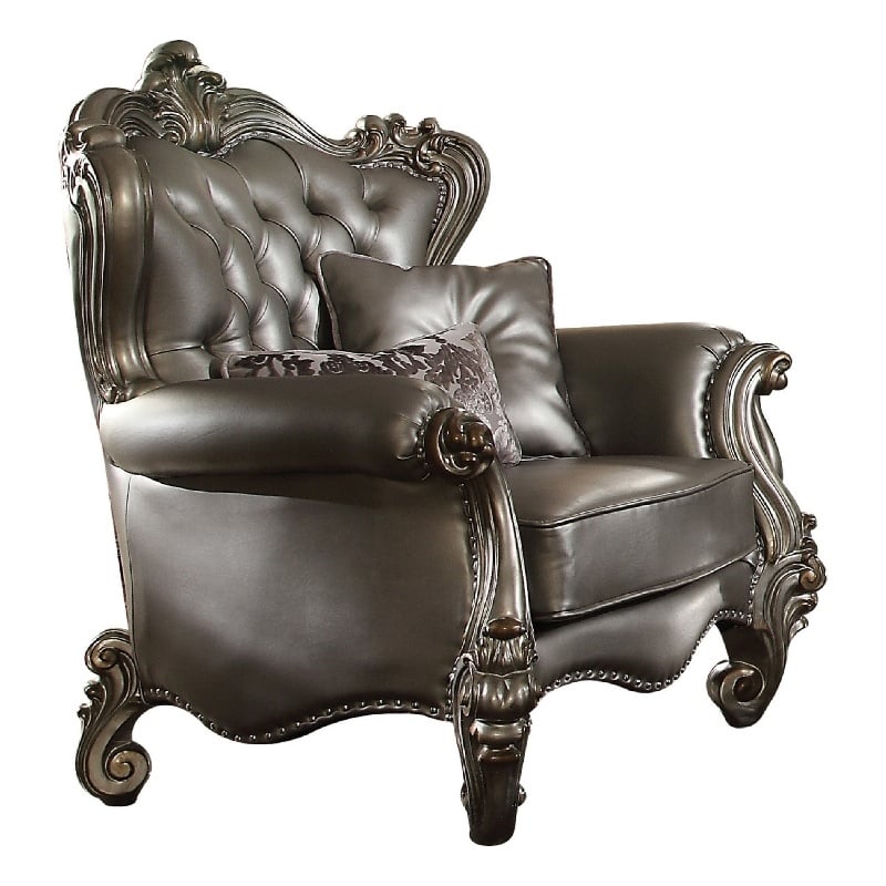 Benjara Scalloped Trim Button Tufted Leatherette Chair with Scrolled Legs- Gray