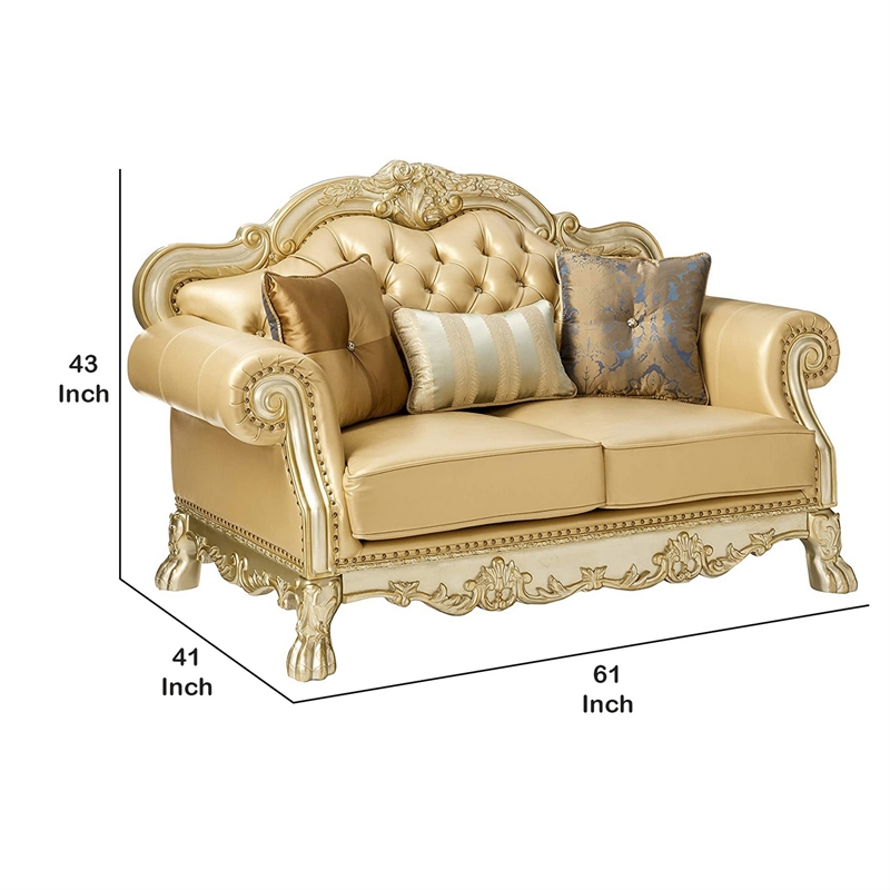 Benjara Traditional Button Tufted Leatherette Loveseat with Carved Details- Gold