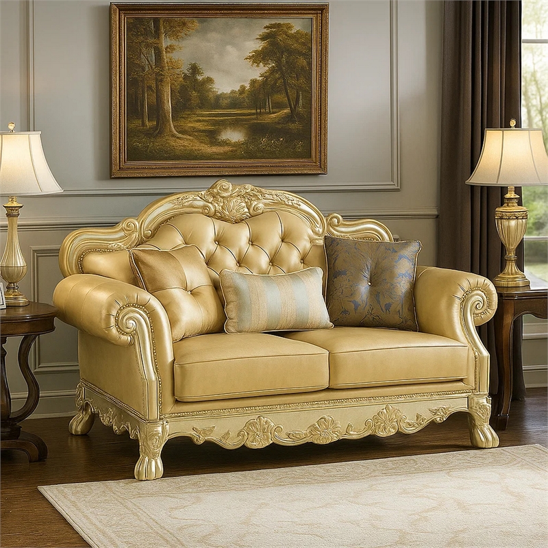 Benjara Traditional Button Tufted Leatherette Loveseat with Carved Details- Gold