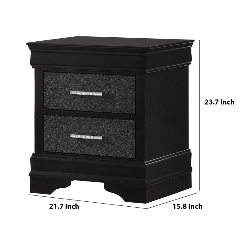 Benjara 2 Drawer Wooden Nighstand with Horizontal Pull and Studded Accent- Black