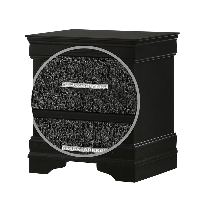 Benjara 2 Drawer Wooden Nighstand with Horizontal Pull and Studded Accent- Black
