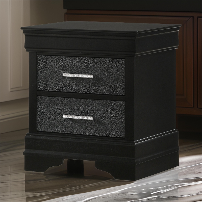 Benjara 2 Drawer Wooden Nighstand with Horizontal Pull and Studded Accent- Black