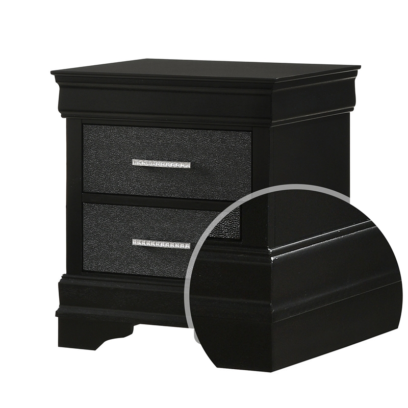 Benjara 2 Drawer Wooden Nighstand with Horizontal Pull and Studded Accent- Black