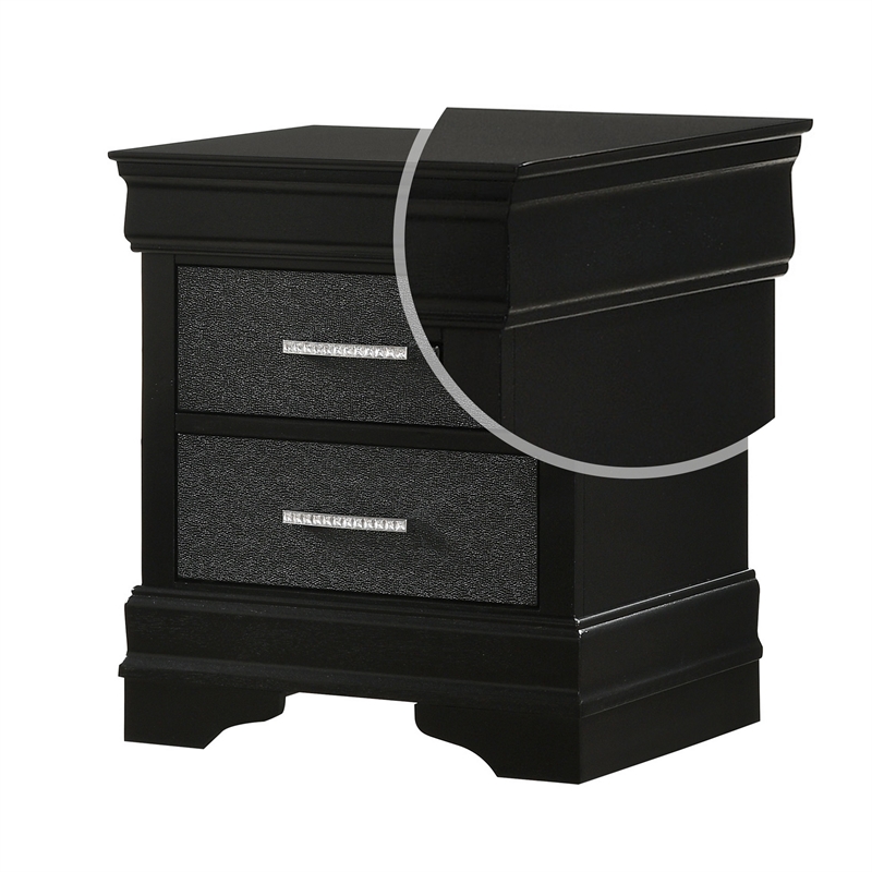 Benjara 2 Drawer Wooden Nighstand with Horizontal Pull and Studded Accent- Black