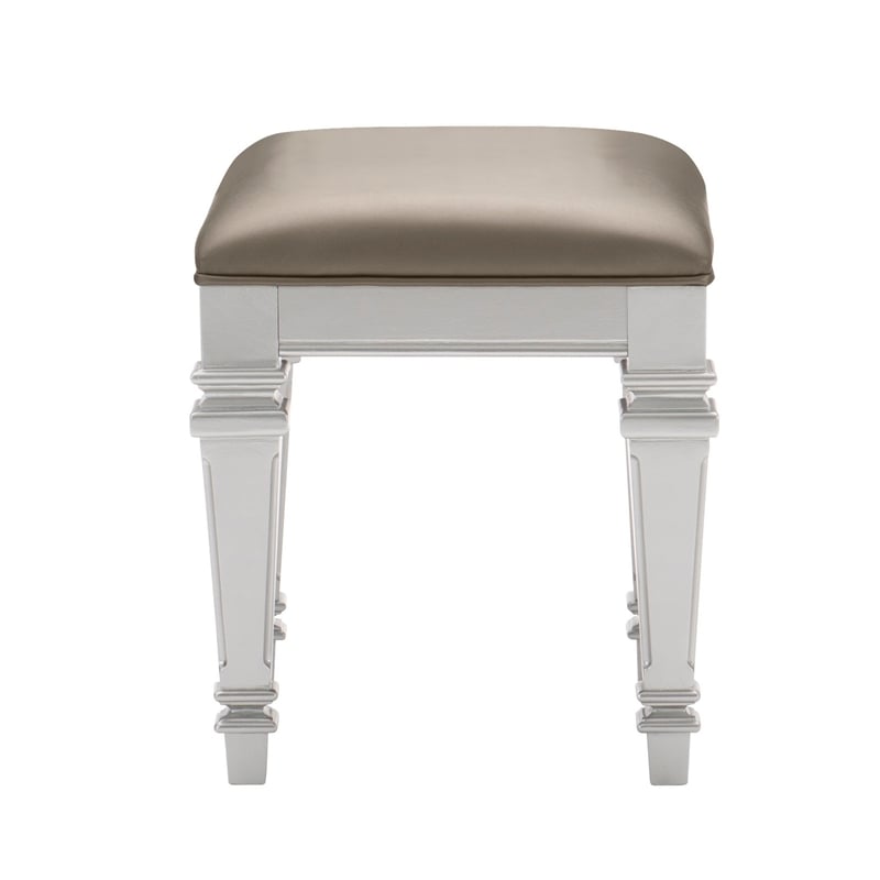 Benjara Leatherette Padded Vanity Stool with Tapered Legs & Molded Detail-Silver