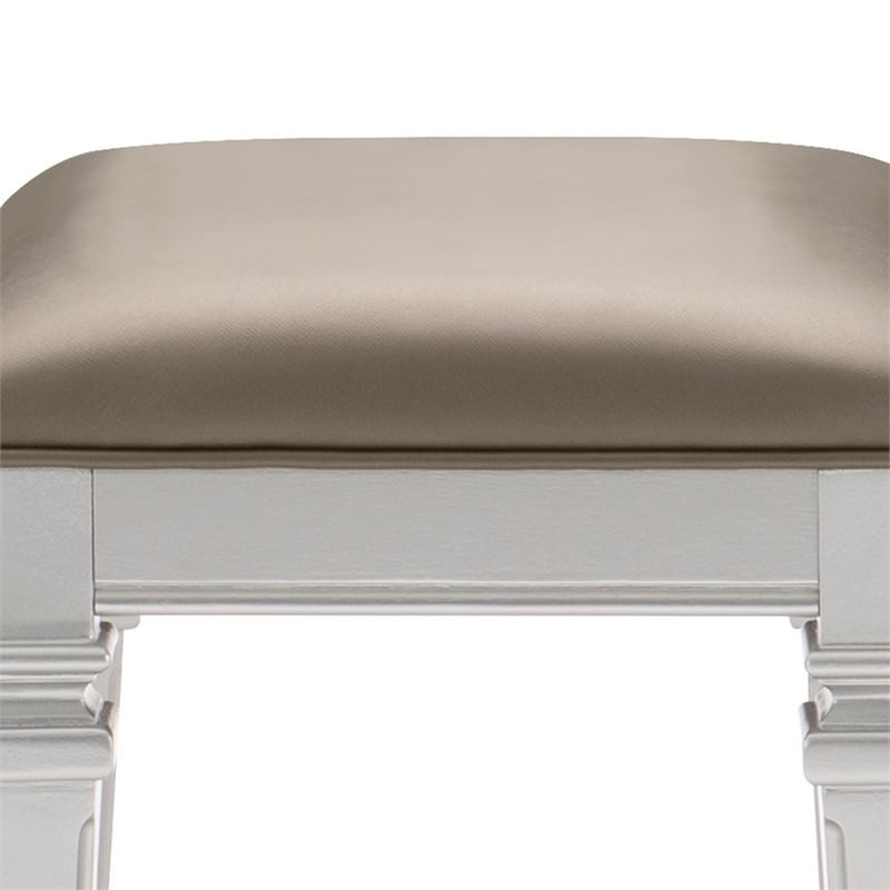 Benjara Leatherette Padded Vanity Stool with Tapered Legs & Molded Detail-Silver