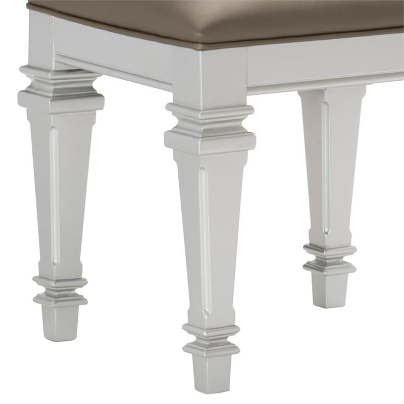 Benjara Leatherette Padded Vanity Stool with Tapered Legs & Molded Detail-Silver