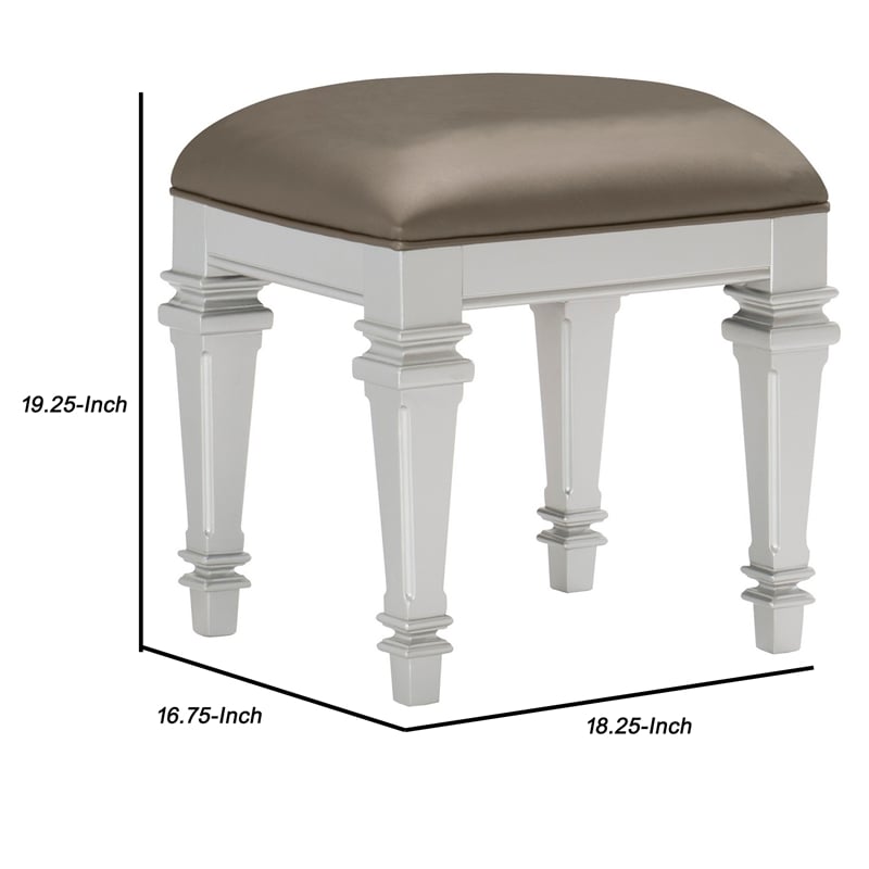 Benjara Leatherette Padded Vanity Stool with Tapered Legs & Molded Detail-Silver