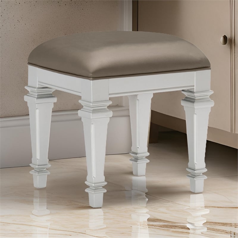 Benjara Leatherette Padded Vanity Stool with Tapered Legs & Molded Detail-Silver