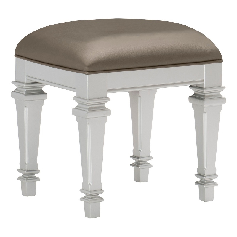 Benjara Leatherette Padded Vanity Stool with Tapered Legs & Molded Detail-Silver