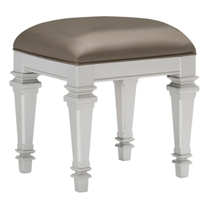 Benjara Leatherette Padded Vanity Stool with Tapered Legs & Molded Detail-Silver