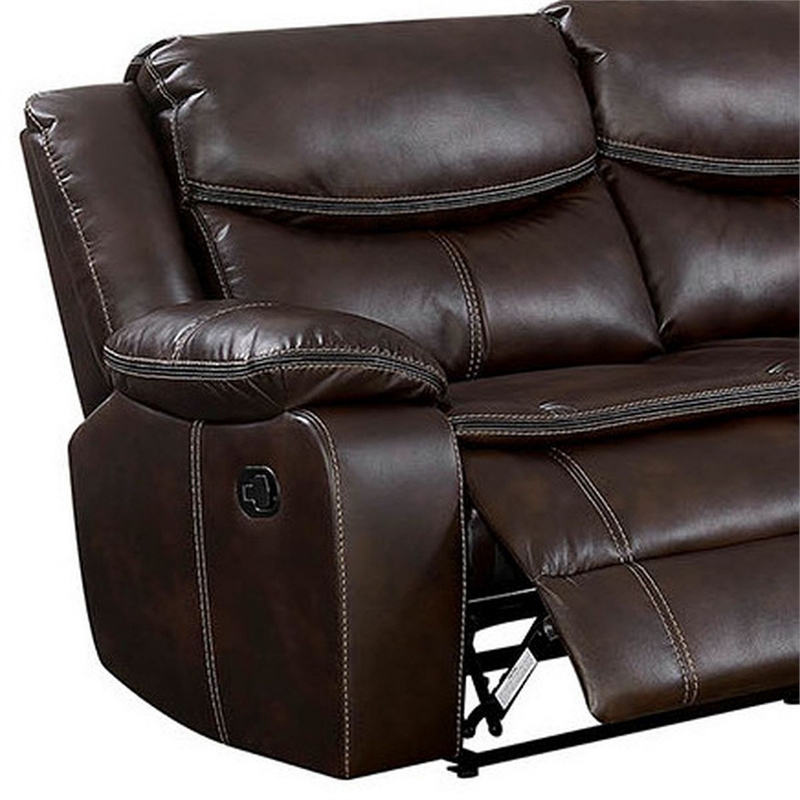 Benjara Leatherette Reclining Sectional with Double Stitching Details- Brown