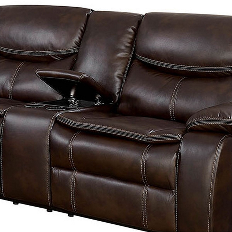 Benjara Leatherette Reclining Sectional with Double Stitching Details- Brown