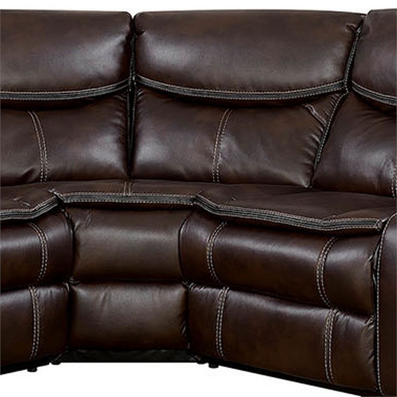 Benjara Leatherette Reclining Sectional with Double Stitching Details- Brown