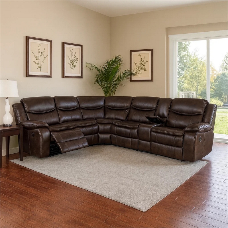 Benjara Leatherette Reclining Sectional with Double Stitching Details- Brown