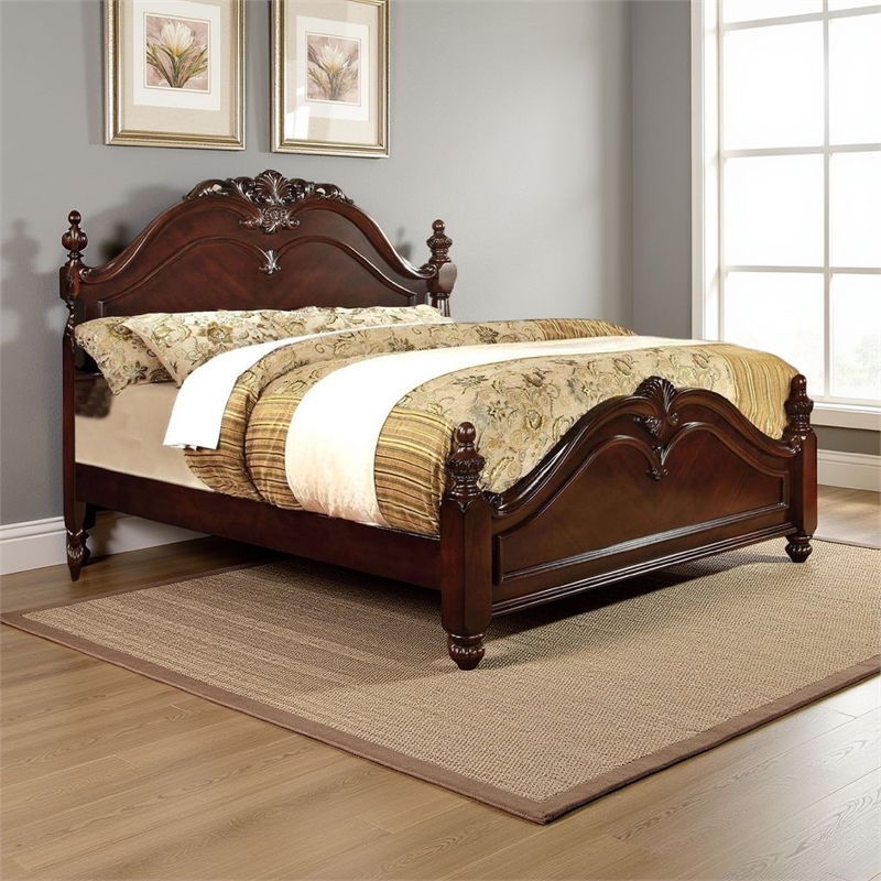 Benjara Baroque Style Wooden Queen Size Bed with Scalloped Top- Cherry Brown