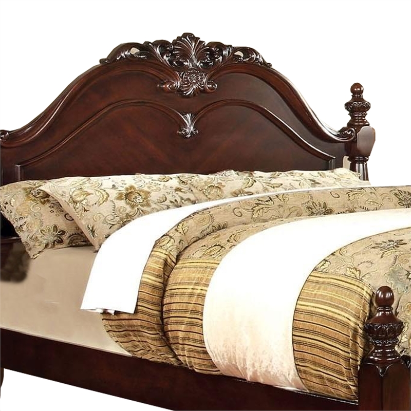 Benjara Baroque Style Wooden Queen Size Bed with Scalloped Top- Cherry Brown
