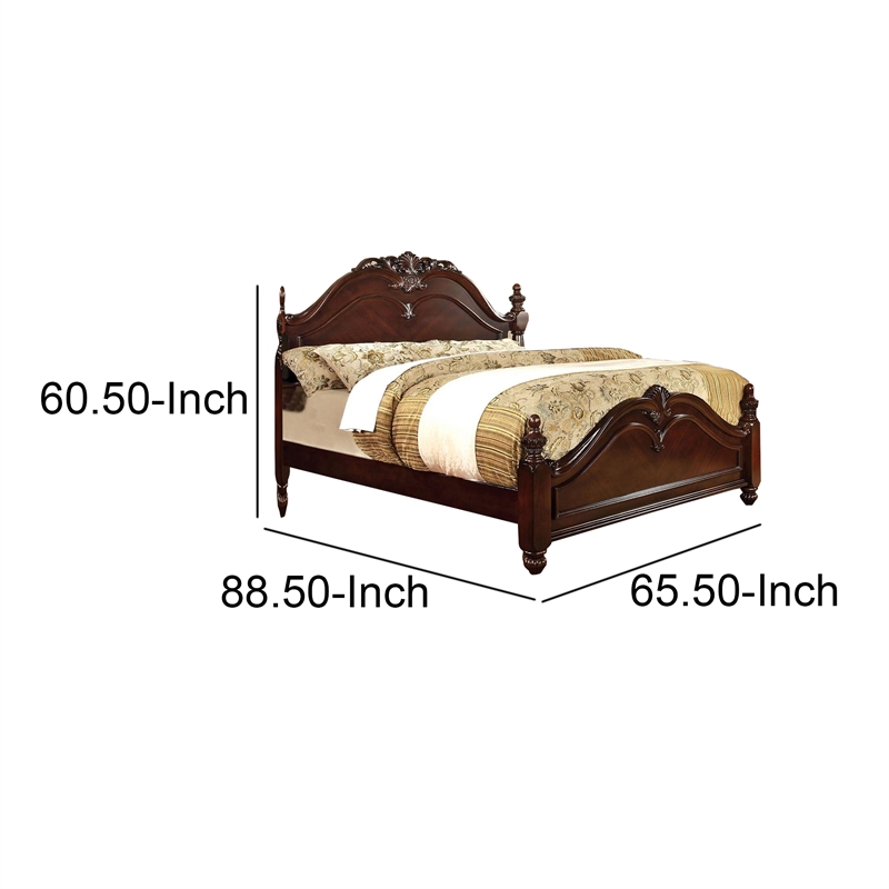 Benjara Baroque Style Wooden Queen Size Bed with Scalloped Top- Cherry Brown