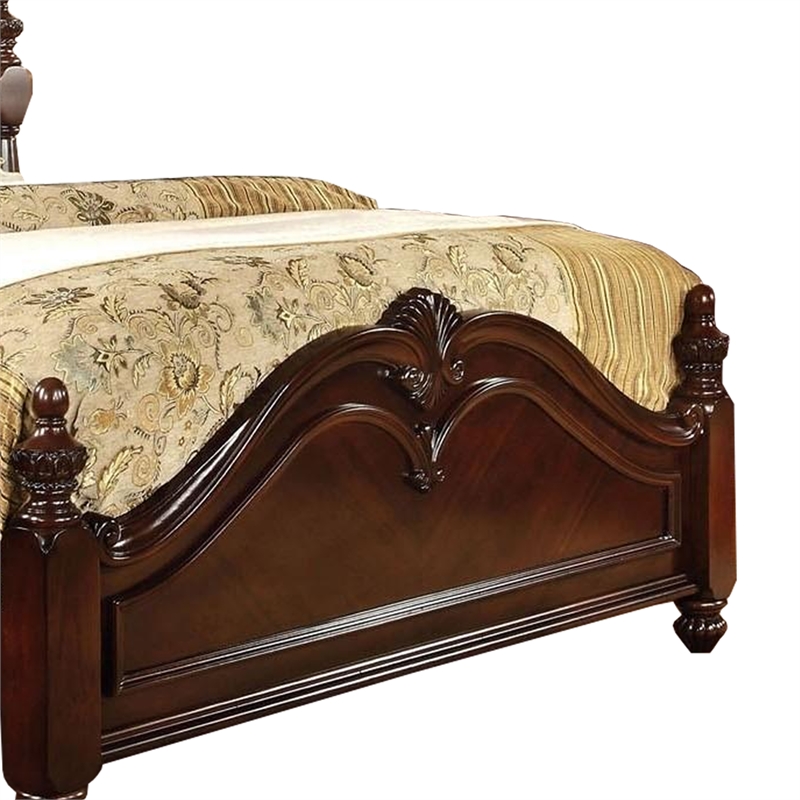 Benjara Baroque Style Wooden Queen Size Bed with Scalloped Top- Cherry Brown