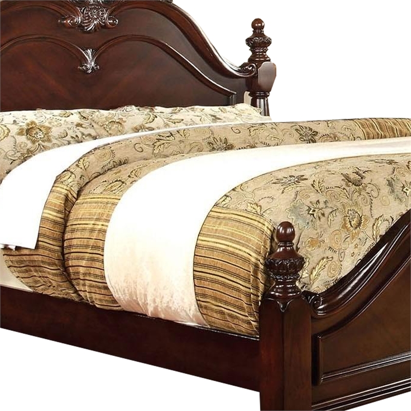 Benjara Baroque Style Wooden Queen Size Bed with Scalloped Top- Cherry Brown