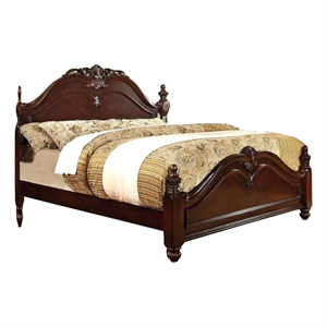 Benjara Baroque Style Wooden Queen Size Bed with Scalloped Top- Cherry Brown