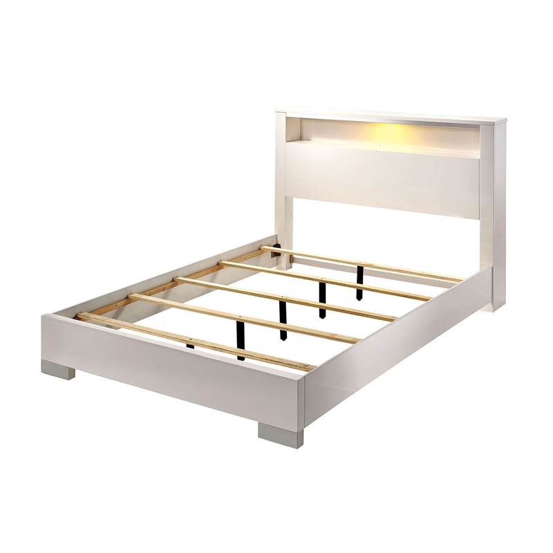 Benjara Modern Eastern King Size Bed with Shelved Headboard and LED Light- White
