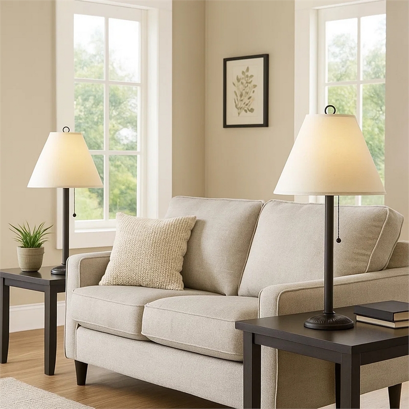 Benjara Paper Shade Metal Table Lamp w/ Pull Chain Switch-Set of 4-White & Black