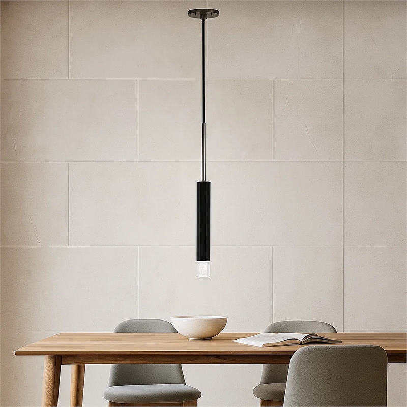 Benjara Hexagonal Metal Frame Single LED Light Pendant with Glass Diffuser-Black