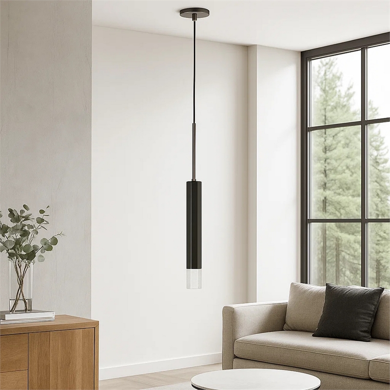 Benjara Hexagonal Metal Frame Single LED Light Pendant with Glass Diffuser-Black