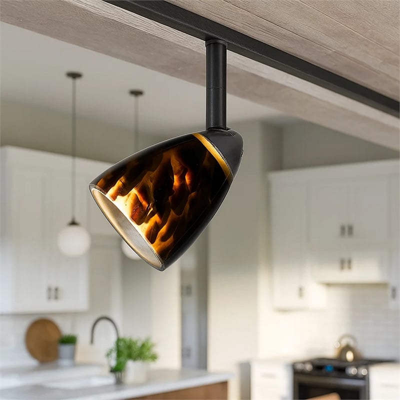 Benjara Hand Blown Glass Shade Track Light Head with Metal Frame- Gold & Bronze