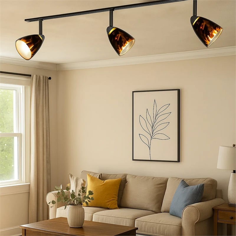 Benjara Hand Blown Glass Shade Track Light Head with Metal Frame- Gold & Bronze
