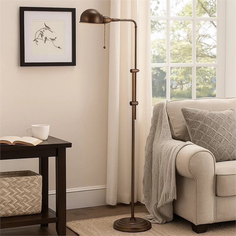 Benjara Adjustable Height Metal Pharmacy Lamp with Pull Chain Switch- Bronze
