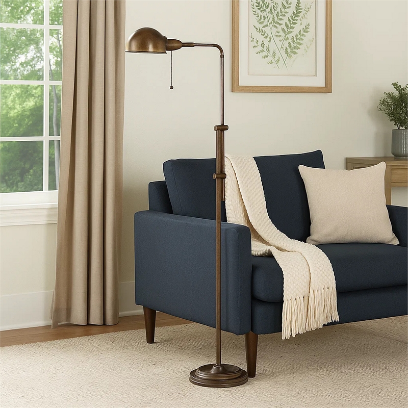 Benjara Adjustable Height Metal Pharmacy Lamp with Pull Chain Switch- Bronze