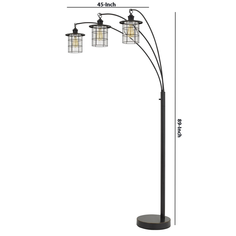 Benjara 180 Watt Metal Floor Lamp with 3 Arms and Cage Shades- Black