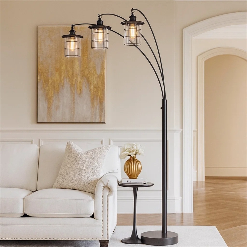 Benjara 180 Watt Metal Floor Lamp with 3 Arms and Cage Shades- Black