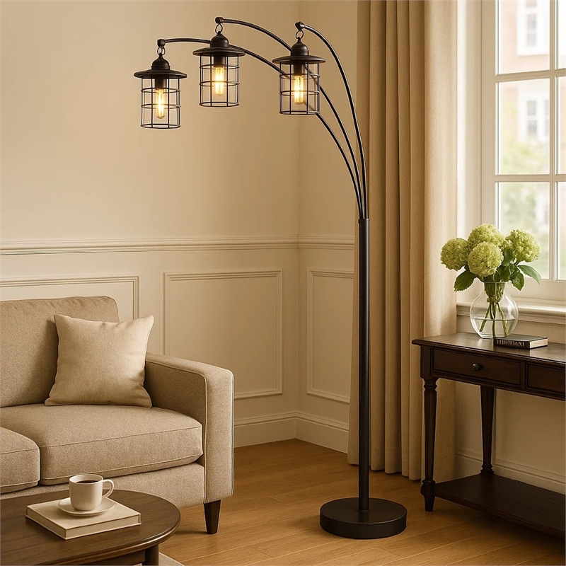 Benjara 180 Watt Metal Floor Lamp with 3 Arms and Cage Shades- Black